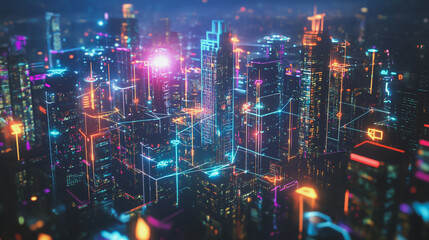 Fototapeta premium Smart digital Innovation city with connection network reciprocity over the cityscape. of future smart wireless digital city and social media networking systems that connects people with in city