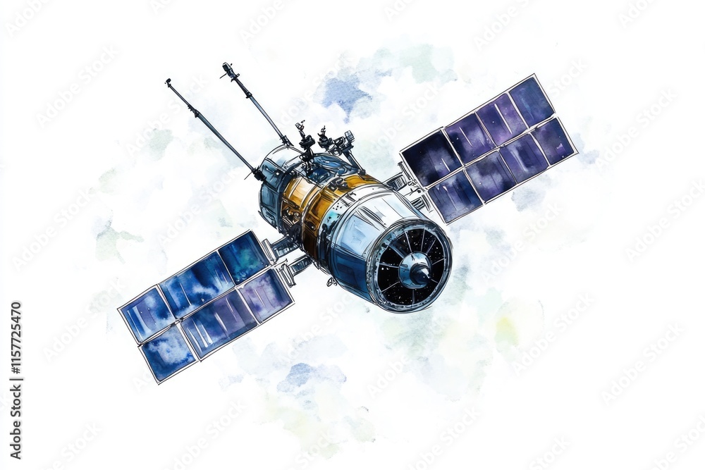 Poster a space station orbiting high above the clouds, great for representing futuristic or sci-fi concepts