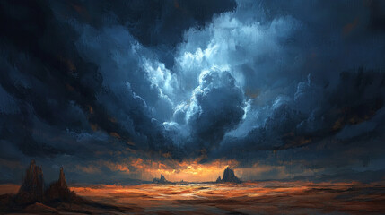 Ominous clouds gather over vast landscape, creating dramatic scene
