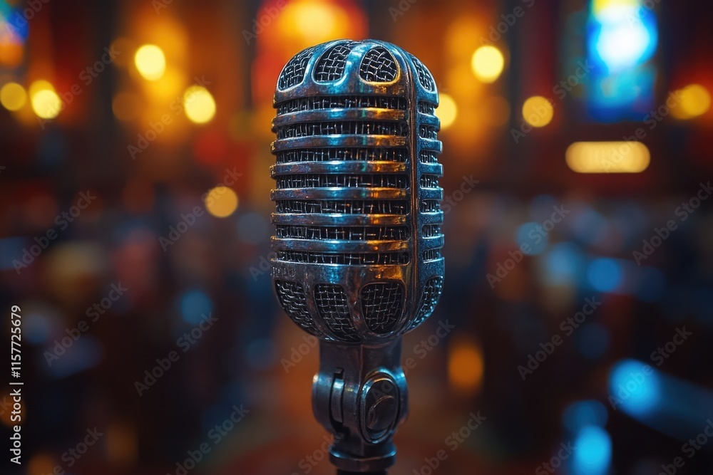 Poster a detailed view of a microphone on a table with some background, suitable for music or recording-rel