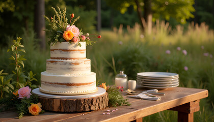 Rustic wedding cake with flowers on wooden table in garden