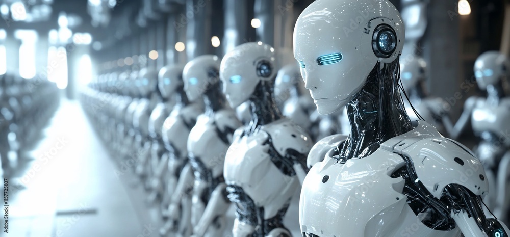 Aufkleber a row of humanoid robots with glowing eyes in a futuristic setting.