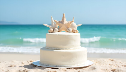 Beach-themed wedding cake with seashells on sandy shore 
