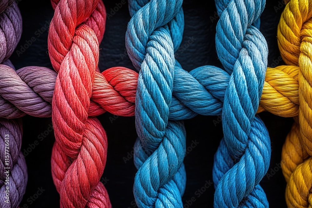 Poster close-up shot of a variety of colorful ropes, perfect for highlighting texture or using as a design 