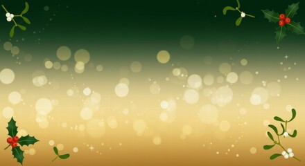Festive Green and Gold Background: A shimmering backdrop of golden bokeh and emerald green hues adorned with sprigs of holly and mistletoe. Perfect for holiday greetings, cards, and invitations. 