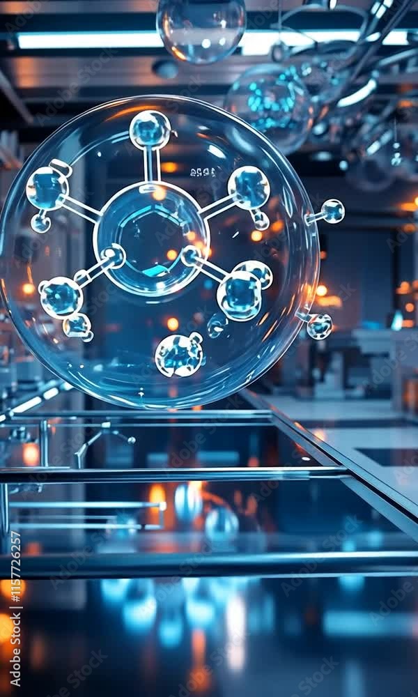 Poster futuristic laboratory research exploring molecular science with large glass structures illuminated b