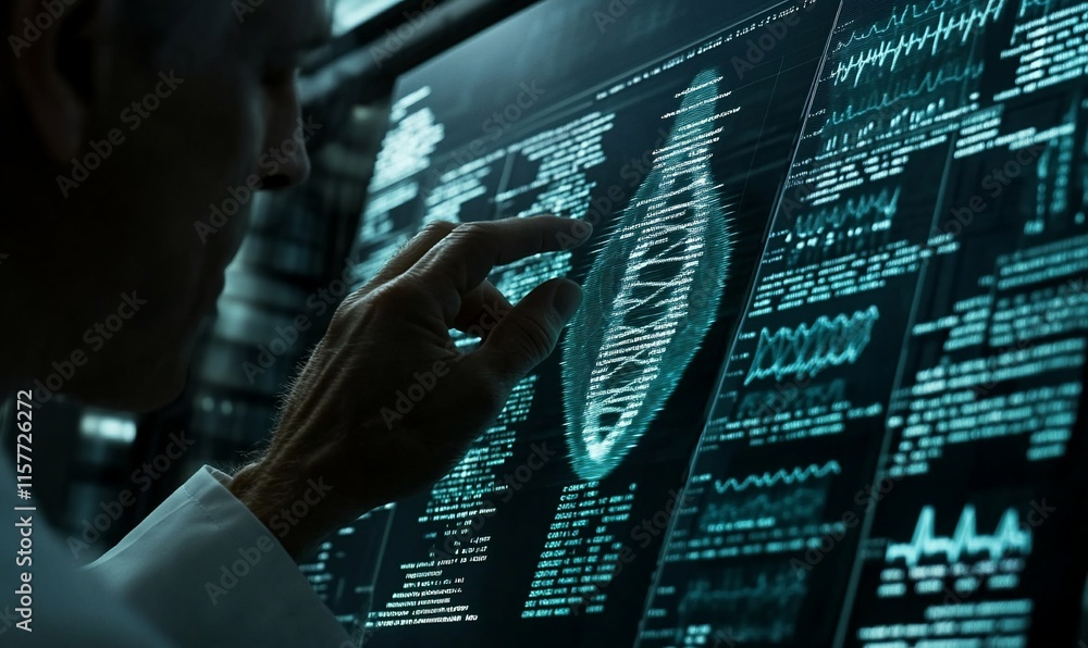 Aufkleber a scientist analyzes dna data on a digital interface.
