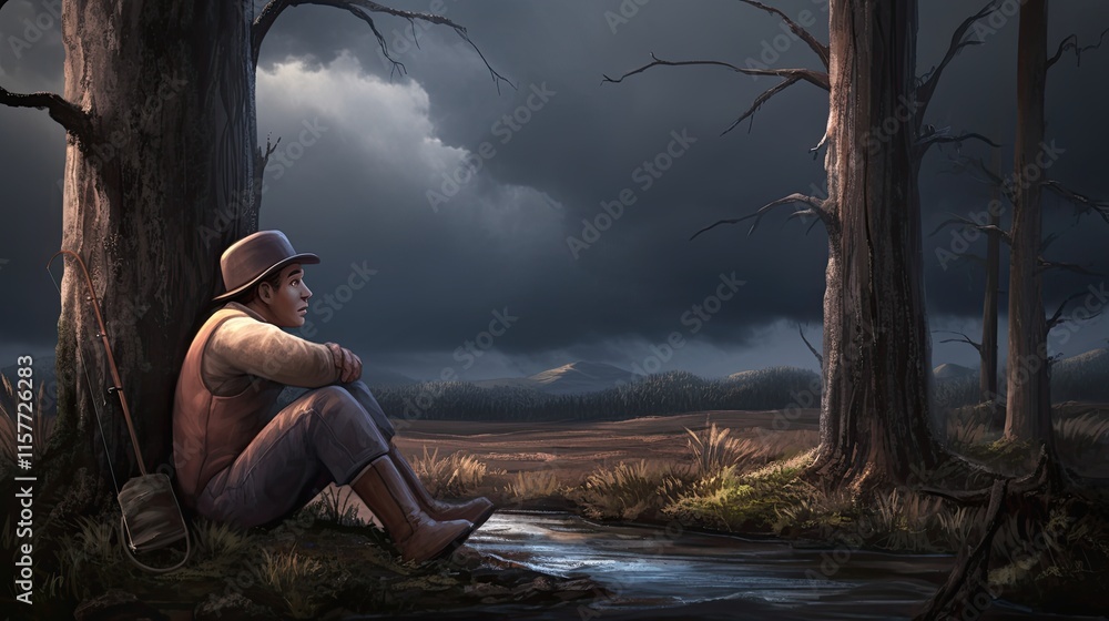 Poster evening reflections of an angler waiting for the perfect catch in troubled skies