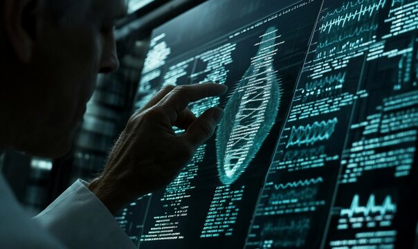 A scientist analyzes DNA data on a digital interface.