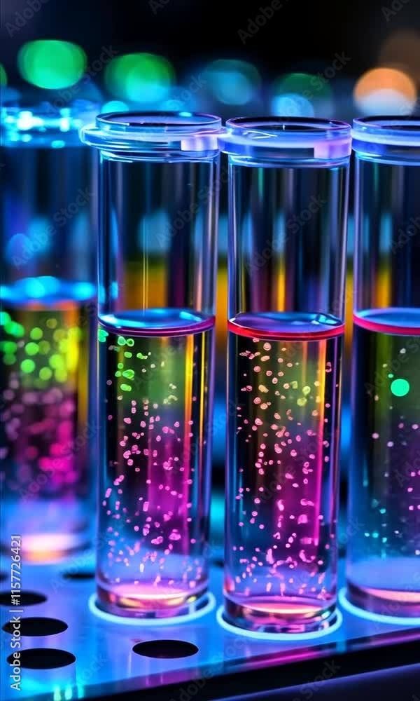 Poster Vibrant test tubes in laboratory showcase colorful liquids and glowing bubbles, creating mesmerizing science experiment that evokes wonder and curiosity.