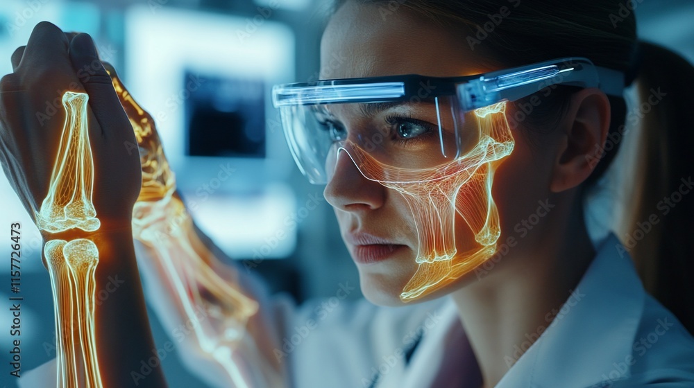 Poster a scientist examines a digital skeletal model using augmented reality glasses.