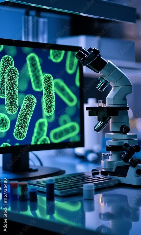 Poster microscope and computer showcase green bacteria in lab, highlighting research in microbiology and sc