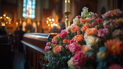 A bouquet of flowers placed on an altar or pedestal in a church