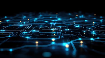 Obraz premium A digital circuit board with glowing lines and nodes, representing technology and connectivity.