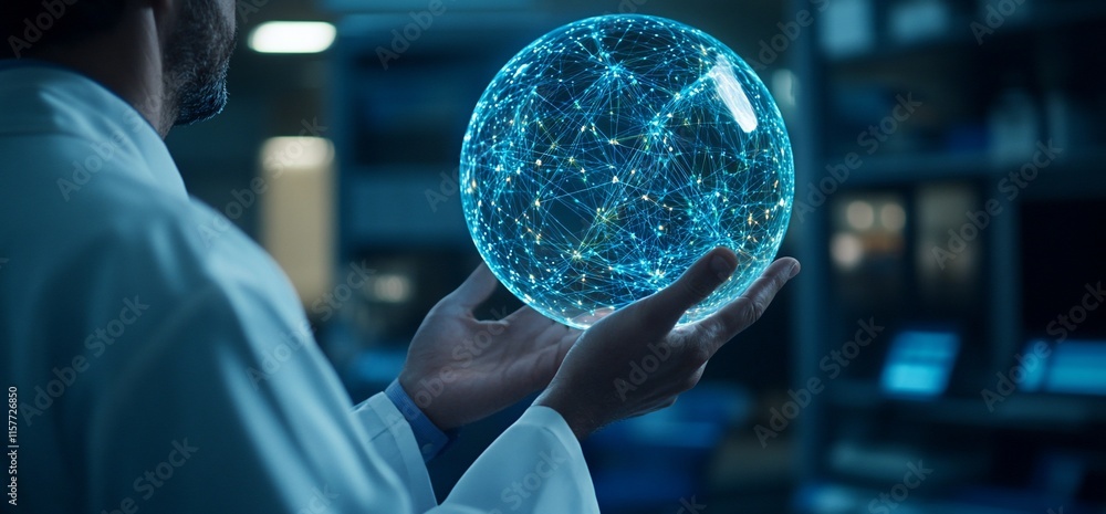 Aufkleber a scientist holds a glowing, interconnected data sphere in a lab setting.