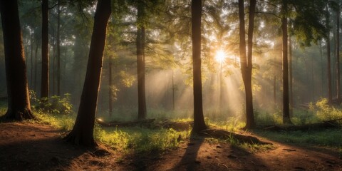 Sunlight streaming through trees in a peaceful forest during early morning hours