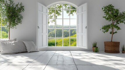 Bright room with arched window, plants, and sunlight.