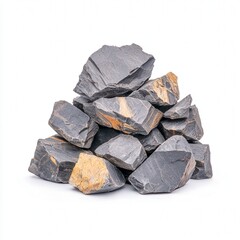 A pile of natural stones in various shapes and sizes, arranged on a white isolated background.