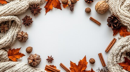 Fototapeta premium A cozy autumn-themed arrangement featuring leaves, pine cones, nuts, and cinnamon sticks, framed by a soft knit scarf.