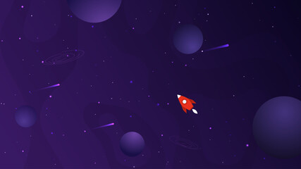 Vector illustration. Universe exploration concept. Red rocket flies through purple space with stars and planets. Outer space panoramic wallpaper. Design for web banner, website or game template