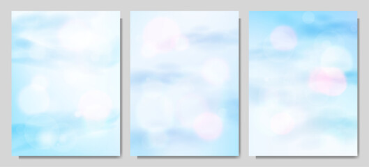 Vector illustration. Blurred soft clouds layer background. Light, airy backdrop design. Realistic cloudy sky with bokeh lights effect. Graphic elements for poster, book cover, magazine, layout