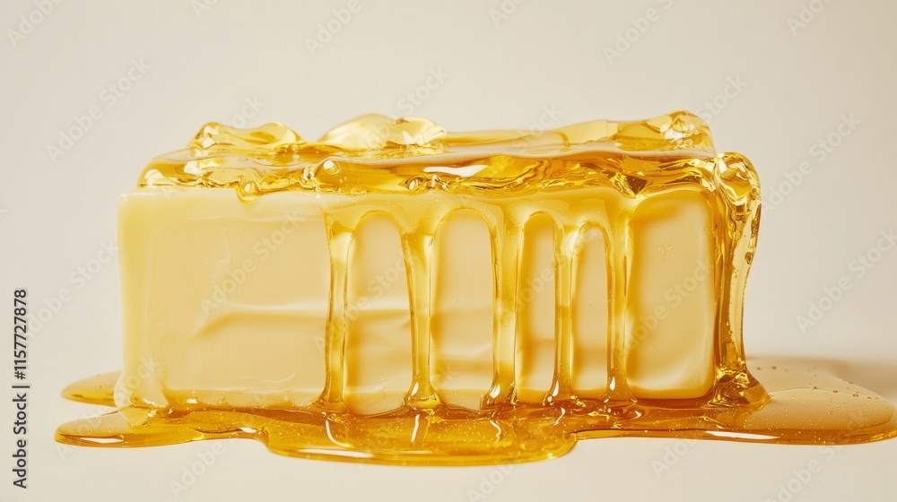 Poster a block of butter drizzled with golden honey, creating a visually appealing combination of textures 
