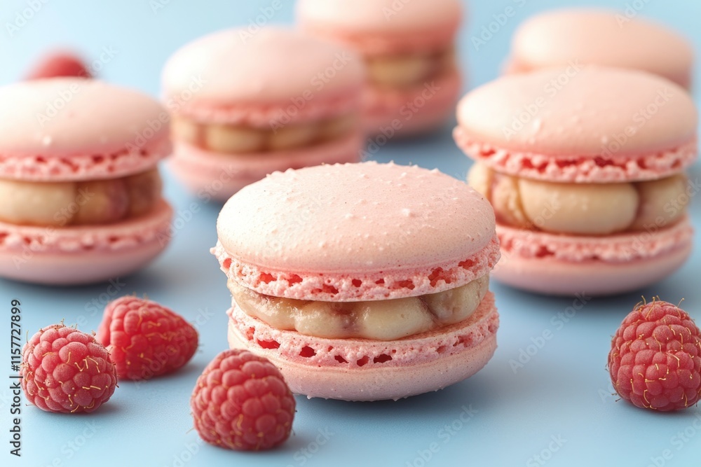 Poster raspberry macarons stacked high, perfect for display or packaging