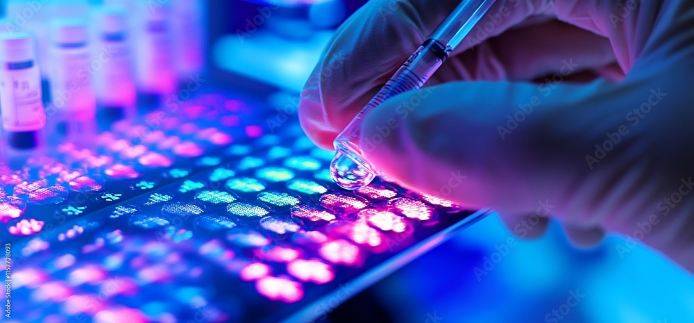 Poster a scientist uses a pipette to manipulate samples in a colorful laboratory setting.