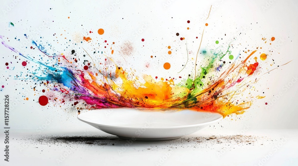 Poster a vibrant explosion of colors bursts from a white plate, creating an artistic display that symbolize
