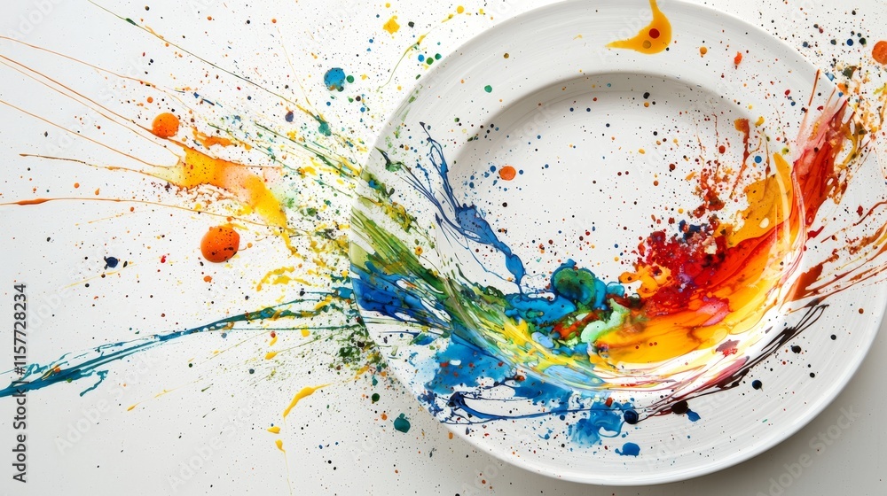Aufkleber a vibrant splash of colors bursts from a white plate, creating an artistic and dynamic display remin