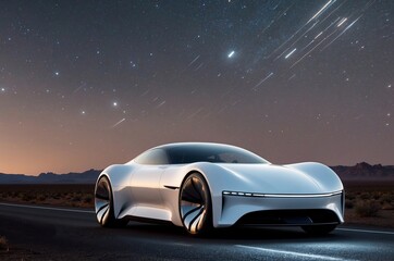 Naklejka premium Futuristic electric car parked on desert road under starry night sky