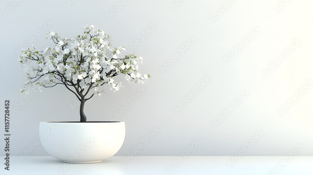 Poster a minimalist scene featuring a small flowering tree in a white pot against a plain white wall. the i