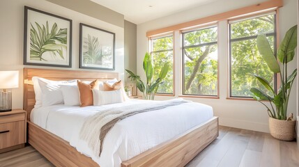 Wide Shot Photo: Serene Modern Bedroom, Sunlight Streaming Through Large Windows. AI Generated