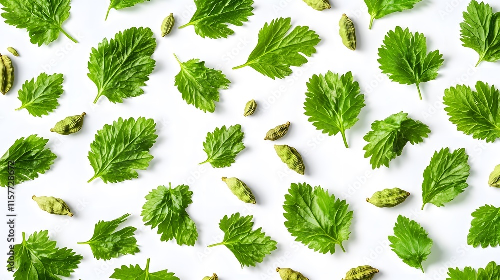 Poster a flat lay image featuring green cilantro leaves and cardamom pods arranged in a repeating pattern o