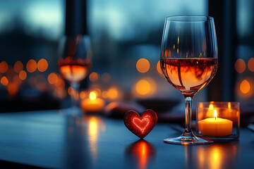 Elegant Valentine's Day dinner setup with candles, wine glasses, and a heart-shaped centerpiece, creating an intimate and romantic atmosphere