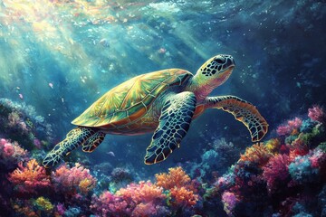 Obraz premium Vibrant sea turtle swimming through colorful coral reef in crystal clear waters of tropical ocean