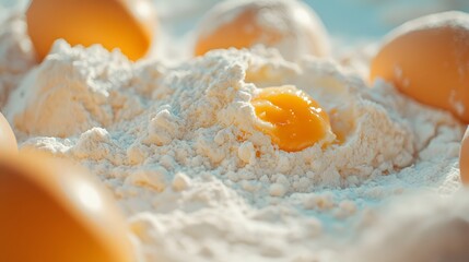 Close-up of a cracked egg yolk nestled in a mound of flour, surrounded by other eggs.  Golden yolk contrasts with the white flour, suggesting baking or cooking preparation.