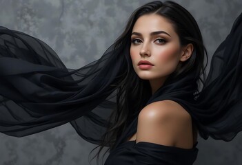 Fototapeta premium Elegant Woman in Black Fabric, Studio Portrait