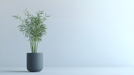 A serene image of a potted bamboo plant against a minimalist light blue wall.