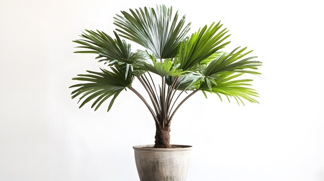 A Rhapis excelsa palm tree in a gray pot, isolated on a white background. The lush green fronds create a tropical feel, ideal for home decor or botanical illustrations.