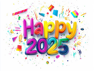 Happy 2025 celebration with vibrant colors and playful design elements