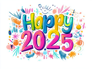 Happy 2025 design with vibrant colors and playful doodles, celebrating joy and creativity