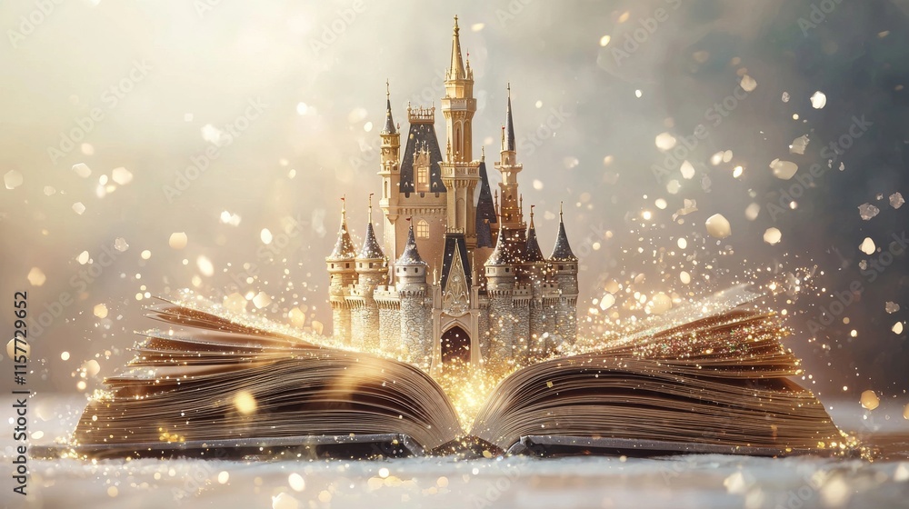 Poster a magical castle emerges from an open book, surrounded by shimmering lights, creating an enchanting 
