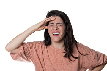 Woman on white background holding her head with pained expression.