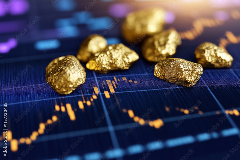 Poster pile of gold coins sits on a black background with a graph of numbers. scene is one of wealth and pr