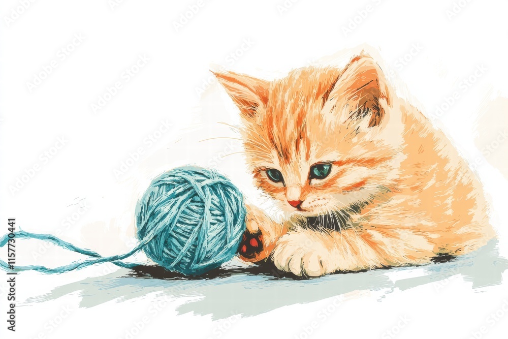 Poster cute kitten plays with a ball of yarn in a cozy indoor setting with ample copy space for text or des