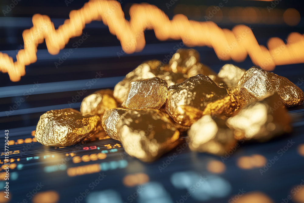 Aufkleber pile of gold coins sits on a black background with a graph of numbers. scene is one of wealth and pr