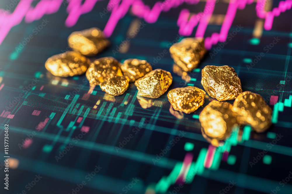 Aufkleber pile of gold coins sits on a black background with a graph of numbers. scene is one of wealth and pr