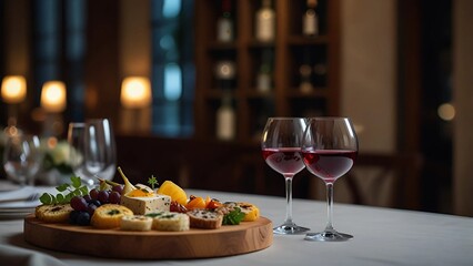 Wine and cheese on a table