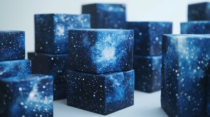 A collection of cosmic-themed cubes, painted in deep blue and adorned with starry patterns, creating a mesmerizing space-like effect.